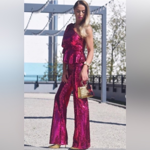 Zara Fuschia Pink Sequin One-Shoulder Puff Sleeve Top XS - Picture 5 of 10